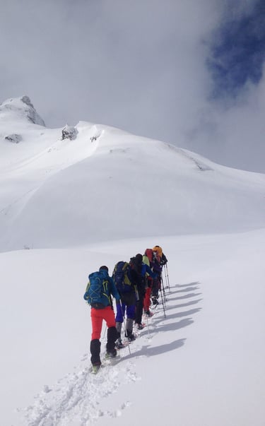 Grup de raquetes de neu pujant un cim