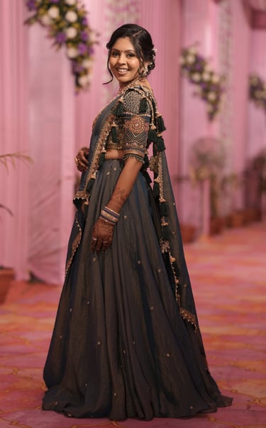 best green and golden lehengas with flawless makeup - best makeup artist in r&d bridal makeup gotri