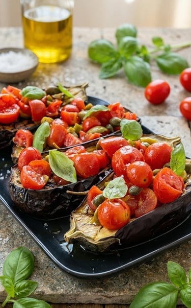 Ricetta semplici e genuina - Bruschetta di Melanzane con pomodorini, olive e capperi
