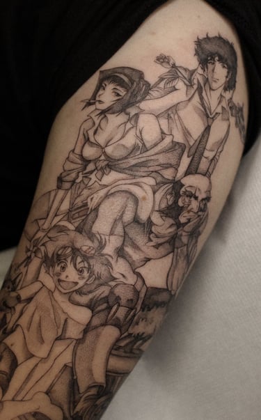 tatouage Cowboy Bebop sur le haut du bras, exécuté par Margot Dubs Tattoo