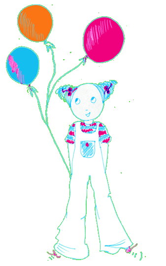 Dessin d'un enfant à un anniversaire qui tient des ballons de couleurs 