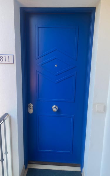 a blue door with a blue door and a white door