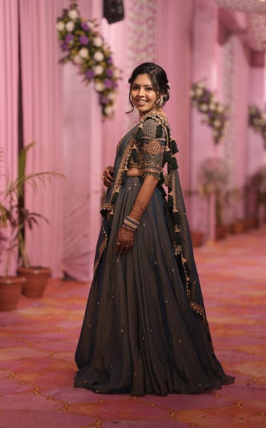 best green and golden lehengas with flawless makeup - best makeup artist in r&d bridal makeup gotri