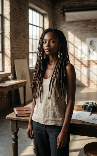 a woman with dreadlocks standing in front of a table