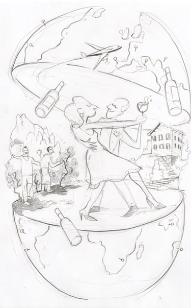 Pencil sketch of a couple dancing inside a globe with wine bottles, airplanes, and a vineyard landscape.
