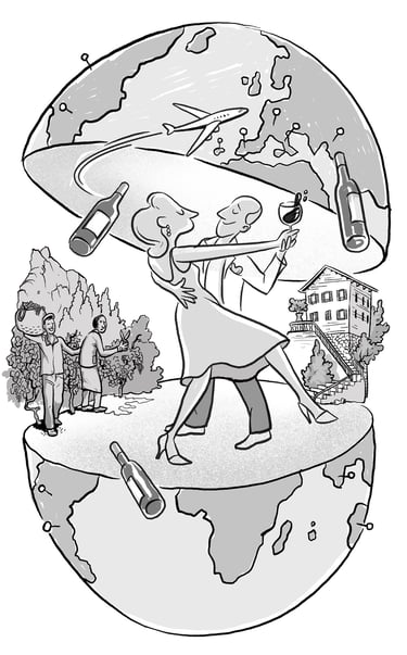 Illustration of a couple dancing inside a globe surrounded by wine bottles, vineyards, and travel imagery.