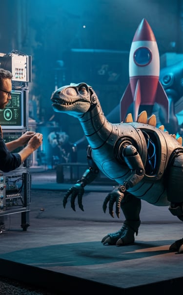 a man in a yellow vest and a dinosaur costume