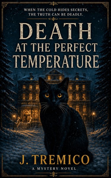 Mystery novel cover for Death at the Perfect Temperature featuring a black cat in the snow.