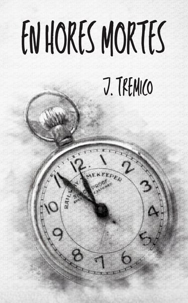 Vintage pocket watch book cover for En Hores Mortes by J. Tremico in black and white.