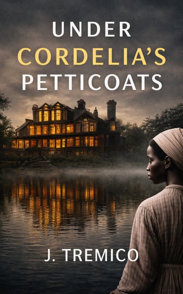 Book cover for Under Cordelia's Petticoats featuring a glowing manor reflected in a misty lake.