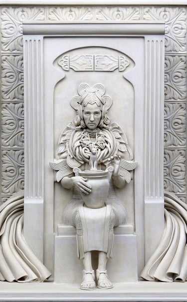 Ceramic sculpture of woman embedded in wall, wearing heavy jewelry and elaborate dress, holding Egyptian cat urn; closeup.