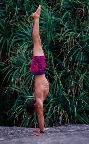 a man doing a handstand on a rock