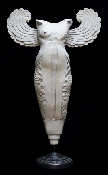 Small ceramic fragment of a nude figure with Greek Archaic wings, missing breast, and mermaid- or bee-like body.
