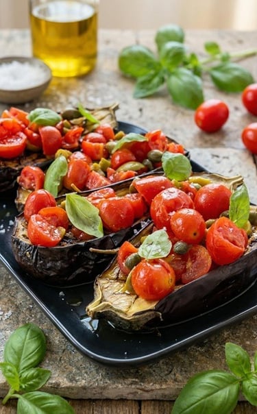 Ricetta semplici e genuina - Bruschetta di Melanzane con pomodorini, olive e capperi