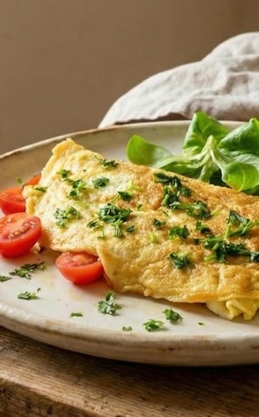 Omelette salata morbida e proteica con verdure fresche.