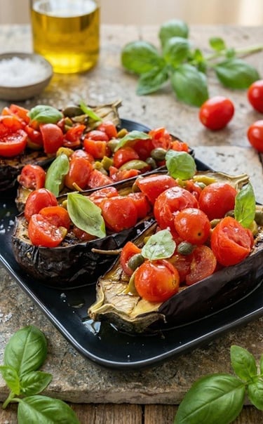 Ricetta semplici e genuina - Bruschetta di Melanzane con pomodorini, olive e capperi