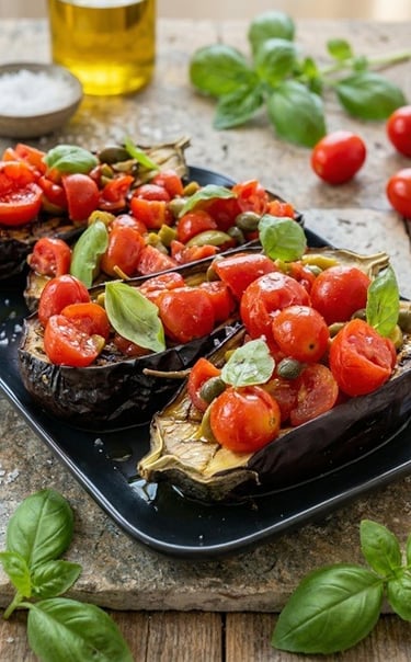Eggplant bruschetta - Mediterranean bruschetta with tomatoes and olives