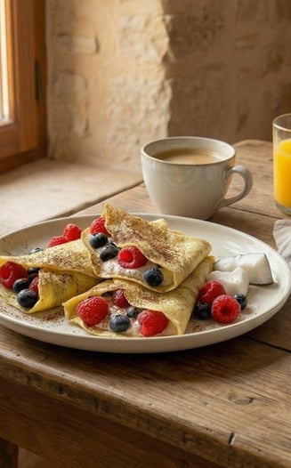 Crepes leggere al cocco ripiene di frutta e yogurt.