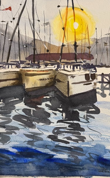 a painting of a marina during the sunset