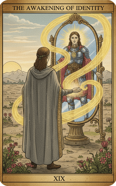 Ilustração de Tarot 'O Despertar da Identidade' mostrando uma pessoa se olhando no espelho e vendo s