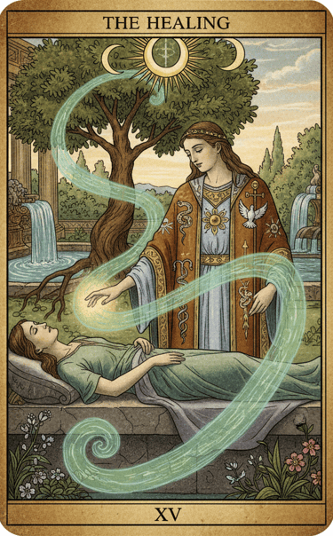 Carta de Tarot artística representando a Cura do Lar com uma mulher cuidando de outra sob uma árvore
