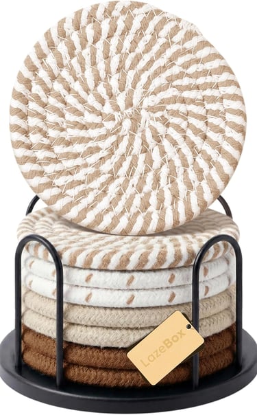 Set of 8 round coasters on a coffee table styled with indoor plants for cozy home décor