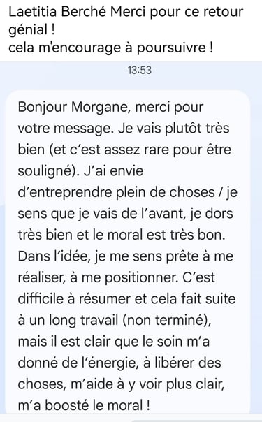 Screenshot of a positive French customer testimonial praising a therapist for mental well-being.