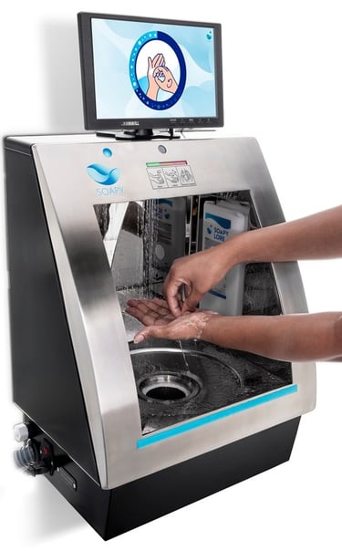 a person washing their hands in a machine