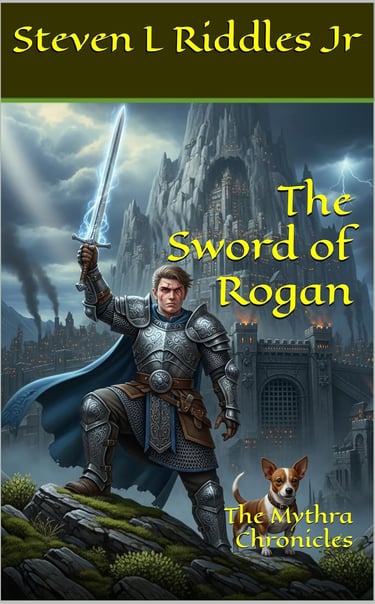 Book cover to The Sword of Rogan, showing a man with a sword and a small brown and white dog