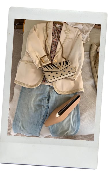 dhm.style wardrobe refresh featuring cream blazer with denim jeans, floral blouse, and designer handbag.