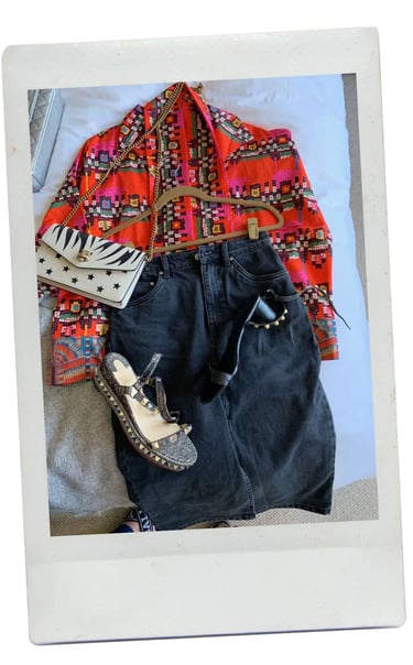 dhm.style wardrobe refresh with bold patterned jacket, Chloe denim skirt, Gucci handbag, and Christian Louboutin sandals.