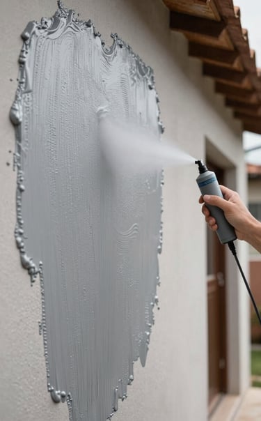A close-up of a professional applying high-quality textured plastic coating to a modern residential wall in a South American / Latin American neighborhood. The coating is a clean mist grey, showing intricate texture under bright daylight.