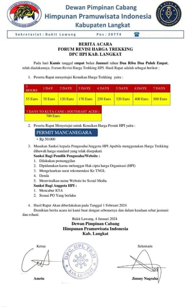 Official document showing the HPI Bukit Lawang trekking prices for 2024 in North Sumatra, Indonesia.
