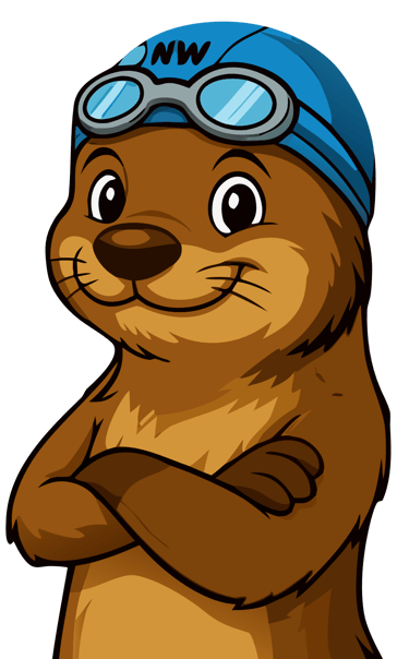 De vrolijke otter mascotte van NextWave zwemschool in Liedekerke met zwembril en badmuts.