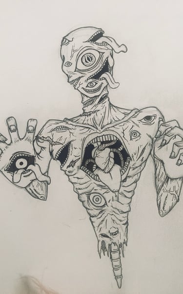 a marker drawing of a macabre demonic creature covered in eyes and mouths with an exposed heart coming out of its ribs.