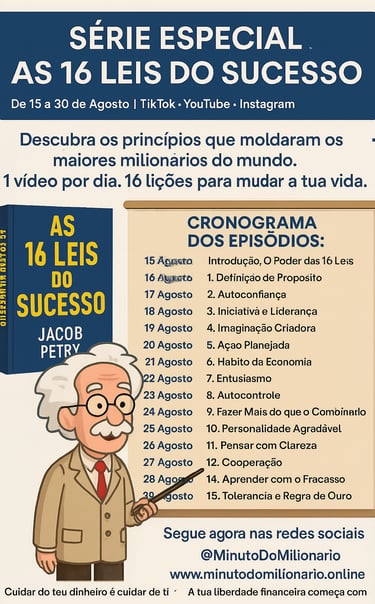 Cartaz digital em português promovendo a série “As 16 Leis do Sucesso” de Jacob Petry, com vídeos di