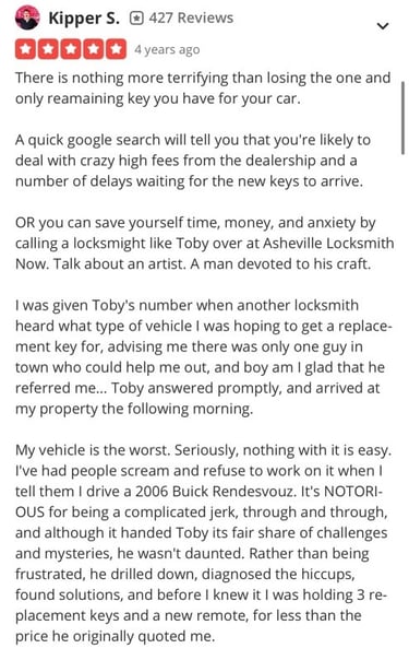 Screenshot of a five-star car key replacement review for Asheville Locksmith Now