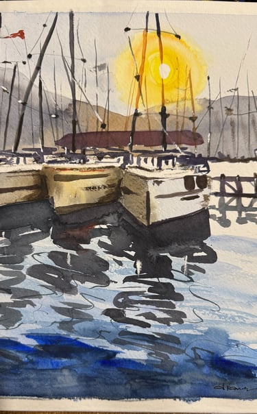 a painting of a marina during the sunset