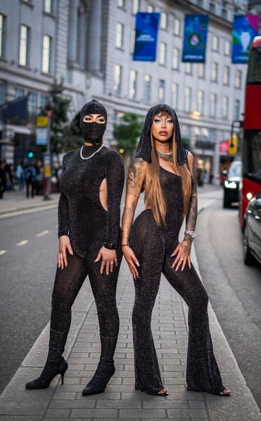 Two models in matching black outfits during a London street fashion shoot. Shot by Fred Art Studio