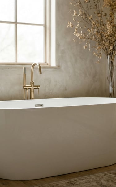 Modern white freestanding bathtub with brushed gold faucet in a minimalist bathroom with plaster walls.