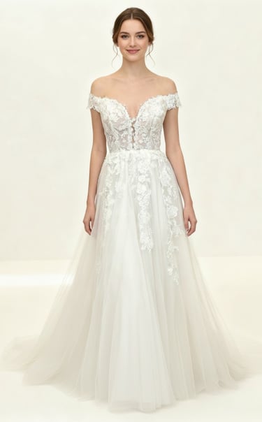 Elegant off-the-shoulder lace wedding dress with a flowy tulle A-line skirt and floral bodice.