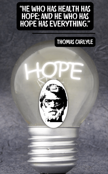 A sketch of a bust of Thomas Carlyle inside a lightbulb with "HOPE" in a neon light and his quote.