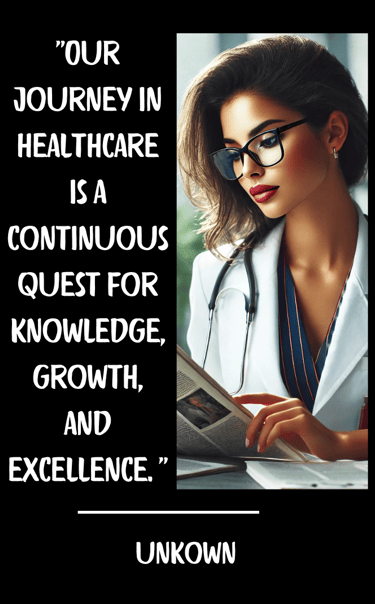 Female doctor reading a journal representing the lifelong learning journey of being a physician.