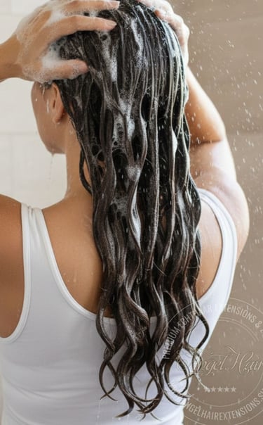 Woman washing long wavy hair extensions with shampoo in the shower for hair care.