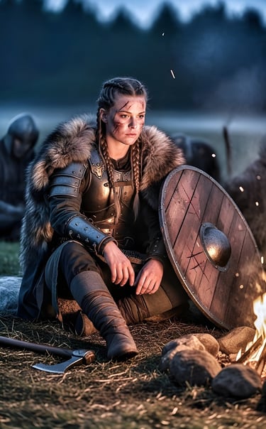 Shield maiden rests after battle by camp fire.