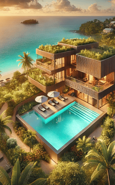 Vue aérienne d'un complexe hôtelier haut de gamme niché dans un jardin tropical luxuriant avec piscine, construit en bois dur