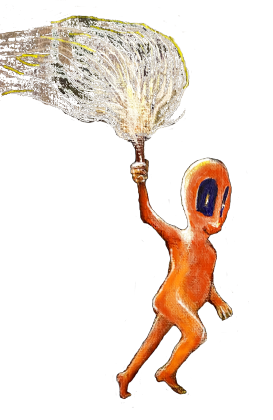 Orange alien character holding a glowing, magical torch with sparkling energy trails.