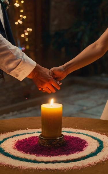 Couple réalisant un rituel symbolique entouré de leurs proches durant leur mariage