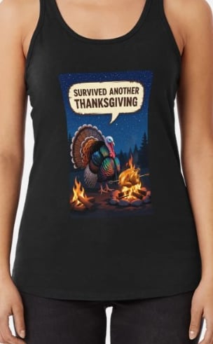 Tshirt with survived another thanksgiving with turkey and chicken on fire.