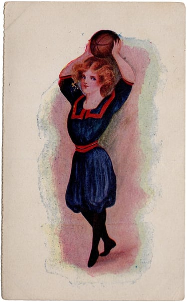 Girl holding a basketball postcard drawing 1905-1910